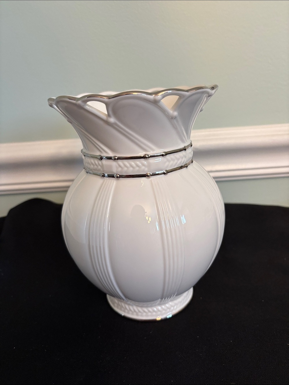 Lenox White Ceramic Globe Vase with Silver Accents